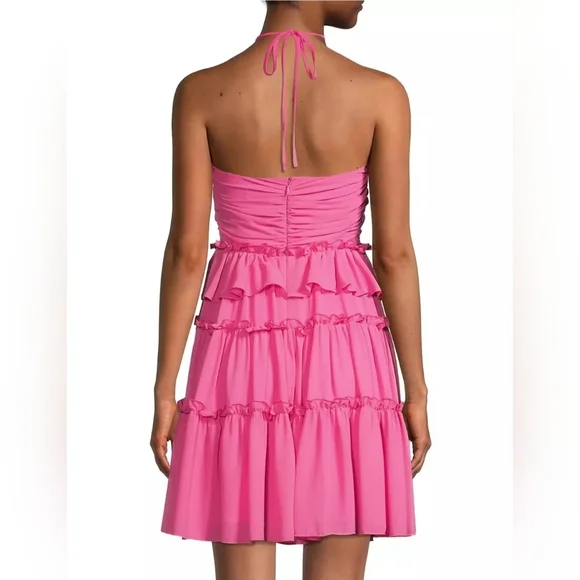 ONE33 SOCIAL Pink Fuchsia Tiered Ruffle Halter Above Knee Cocktail Dress Size 6 - Picture 3 of 8